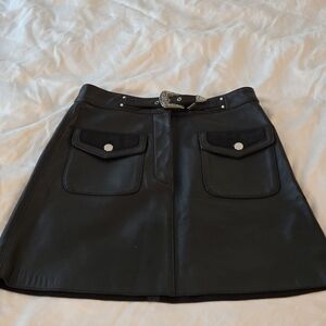 Maje Black Leather Mini Skirt with Buckle